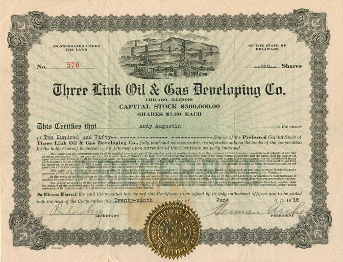 Three Link Oil and Gas Developing Co. - Stock Certificate